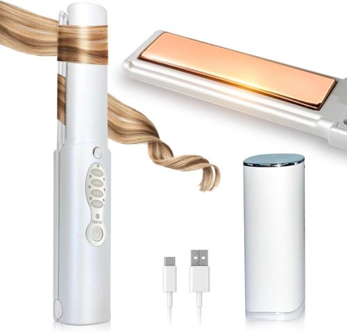 ADOBIRD Vezeték Nélküli Hajvasaló és Hajgöndörítő 2in1 - 5000 mAh Akkumulátor, Titán Lapok, 3 Hőfokozat, Gyors Felfűtés, Utazáshoz, Fehér