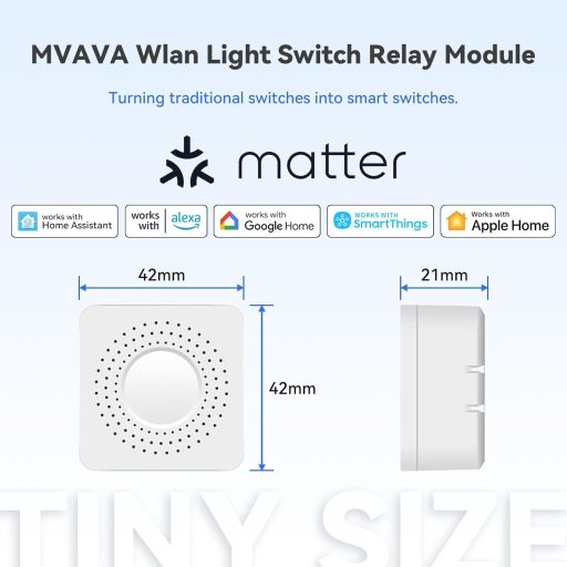 MVAVA Matter Kompatibilis Mini WiFi Okoskapcsoló Relé Modul - Intelligens Otthon Átalakító Alexa, Google Home és Home Assistant Támogatással