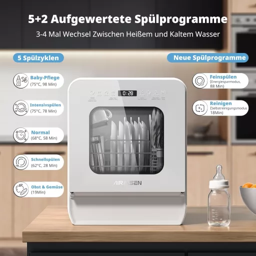 AIRMSEN Asztali Mosogatógép Mini 37x50cm Víztartállyal 9 Program 360° Permetezés Fehér