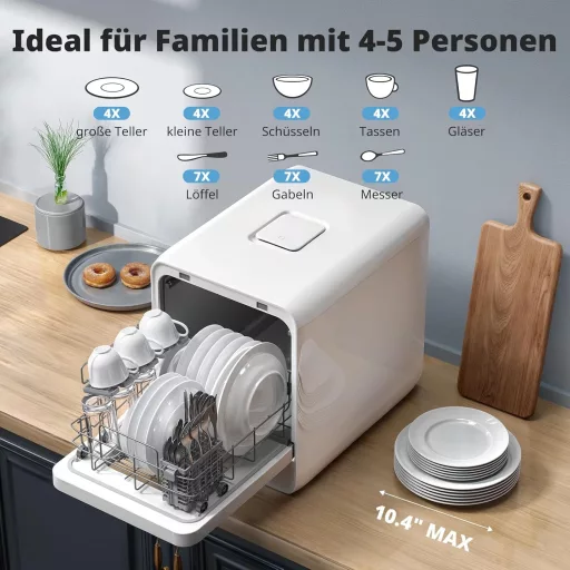 AIRMSEN Asztali Mosogatógép Mini 37x50cm Víztartállyal 9 Program 360° Permetezés Fehér