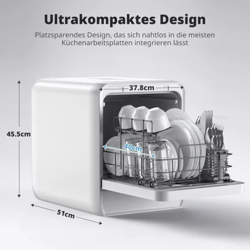 AIRMSEN Asztali Mosogatógép Mini 37x50cm Víztartállyal 9 Program 360° Permetezés Fehér