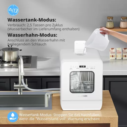 AIRMSEN Mini Mașină de Spălat Vase de Masă 37x50cm cu Rezervor de Apă, 9 Programe, Pulverizare 360°, Alb