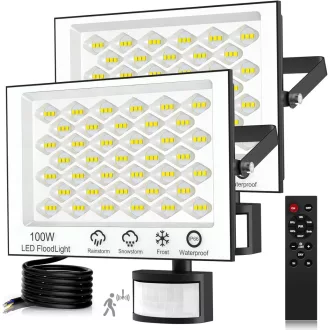   Viugreum 2 db 100W LED reflektor mozgásérzékelővel, 10000 lm, IP66 vízálló kültéri lámpa