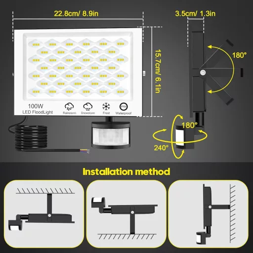 Viugreum 2 db 100W LED reflektor mozgásérzékelővel, 10000 lm, IP66 vízálló kültéri lámpa