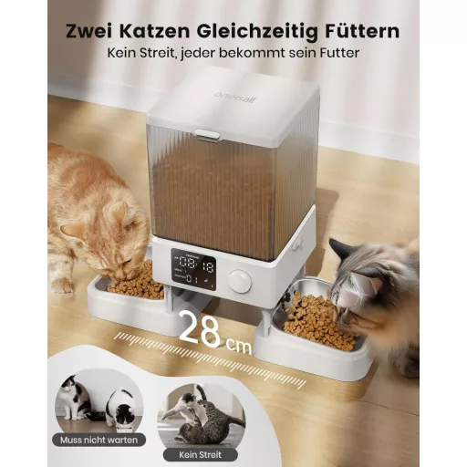 oneisall 5l automatický dávkovač krmiva pre mačky s 2 miskami, nerezová oceľ, hlasový záznam