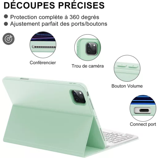 JADEMALL iPad Pro 12,9" Bluetooth Billentyűzet Tok AZERTY Francia Világoszöld