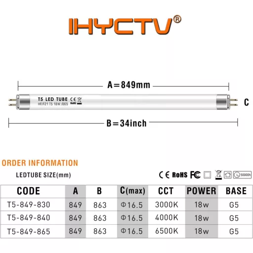 IHYCTV LED Fénycső T5 849mm 18W 4000K Hideg Fehér G5 Foglalat