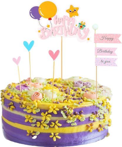 Koboko Szülinapi Tortadísz Szett - Rózsaszín Happy Birthday Felirattal, Szívecskés Zászlókkal - Fiúknak és Lányoknak - Gyerek Születésnapi T