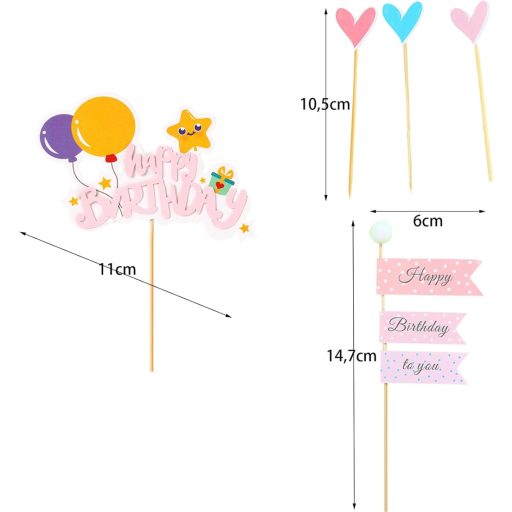 Koboko Szülinapi Tortadísz Szett - Rózsaszín Happy Birthday Felirattal, Szívecskés Zászlókkal - Fiúknak és Lányoknak - Gyerek Születésnapi T