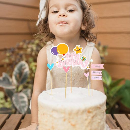 Koboko Szülinapi Tortadísz Szett - Rózsaszín Happy Birthday Felirattal, Szívecskés Zászlókkal - Fiúknak és Lányoknak - Gyerek Születésnapi T