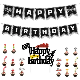   PEUTIER Mașină de curse Banner de ziua de naștere, decor negru-alb cu ornamente pentru brioșe