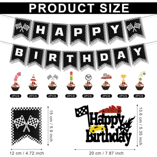 PEUTIER Versenyautó Szülinapi Dekoráció Banner Fekete-Fehér Cupcake Díszítéssel