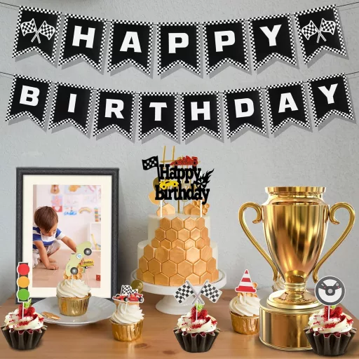 PEUTIER Versenyautó Szülinapi Dekoráció Banner Fekete-Fehér Cupcake Díszítéssel