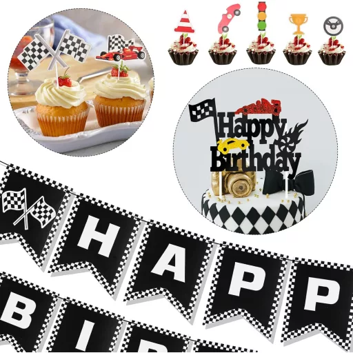 PEUTIER Versenyautó Szülinapi Dekoráció Banner Fekete-Fehér Cupcake Díszítéssel