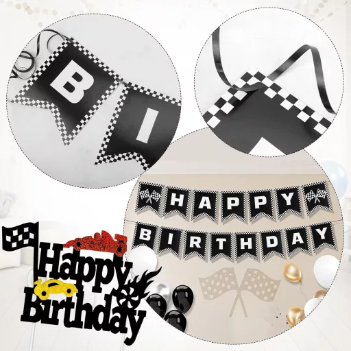 PEUTIER Versenyautó Szülinapi Dekoráció Banner Fekete-Fehér Cupcake Díszítéssel