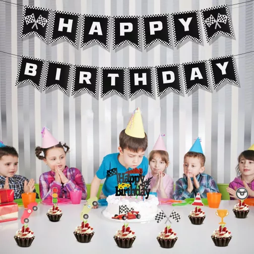 PEUTIER Versenyautó Szülinapi Dekoráció Banner Fekete-Fehér Cupcake Díszítéssel