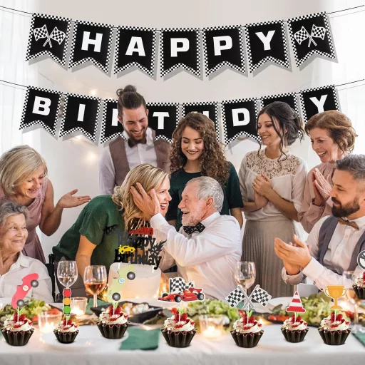 PEUTIER Versenyautó Szülinapi Dekoráció Banner Fekete-Fehér Cupcake Díszítéssel