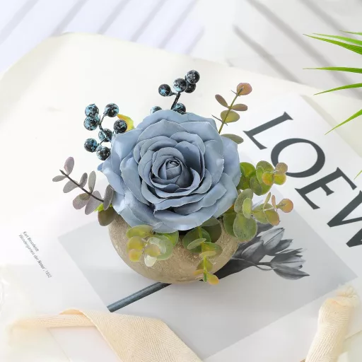 JUSTOYOU Mesterséges Rózsa Kék Virág Eukaliptusz Levelekkel Dekoráció