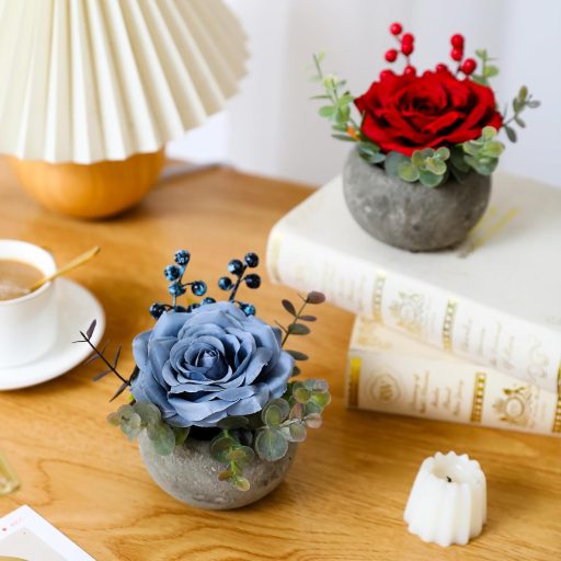 JUSTOYOU Mesterséges Rózsa Kék Virág Eukaliptusz Levelekkel Dekoráció