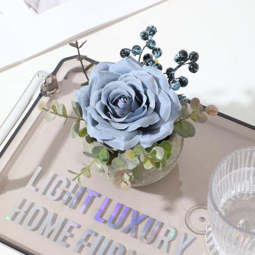 JUSTOYOU Mesterséges Rózsa Kék Virág Eukaliptusz Levelekkel Dekoráció