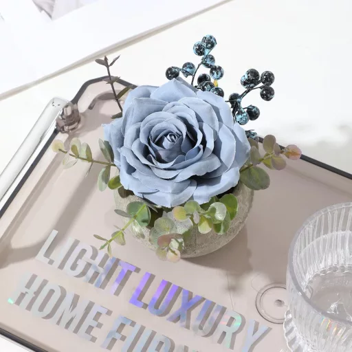 JUSTOYOU Mesterséges Rózsa Kék Virág Eukaliptusz Levelekkel Dekoráció