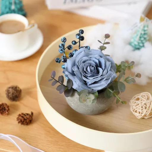 JUSTOYOU Mesterséges Rózsa Kék Virág Eukaliptusz Levelekkel Dekoráció