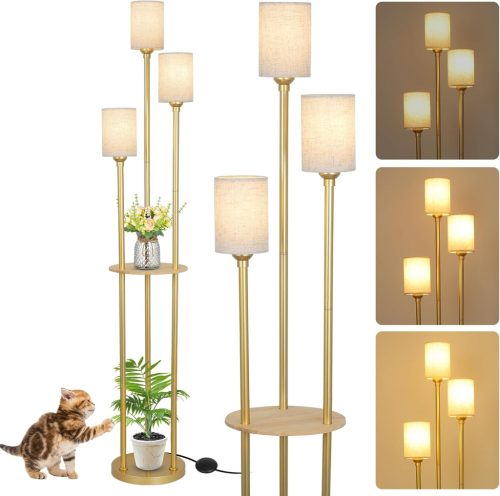 Lampadar Modern Rayofly cu 3 Becuri - Abajur din Ratan, Raft și Comutator cu Picior în Trei Trepte - Iluminat Decorativ Auriu pentru Living,
