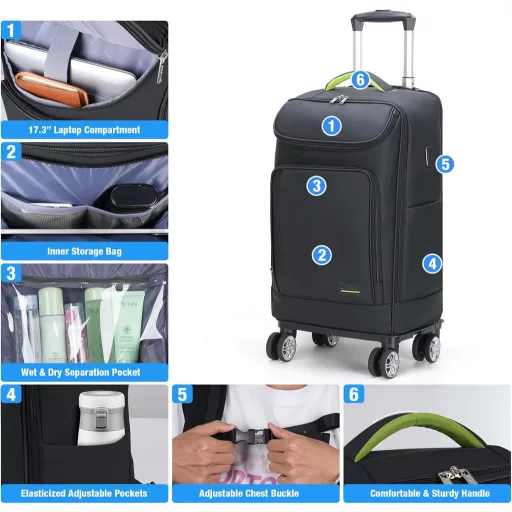 Rucsac de Afaceri Lekespring cu Roti din Piele pentru Laptop de 17.3", Geantă de Călătorie Impermeabilă