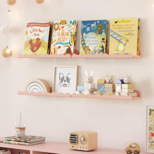 Lifewit Detská nástenná polica na knihy, súprava 4 ks ružových vlnitých závesných políc (38 cm), do detskej izby na knihy, hračky, plyšáky