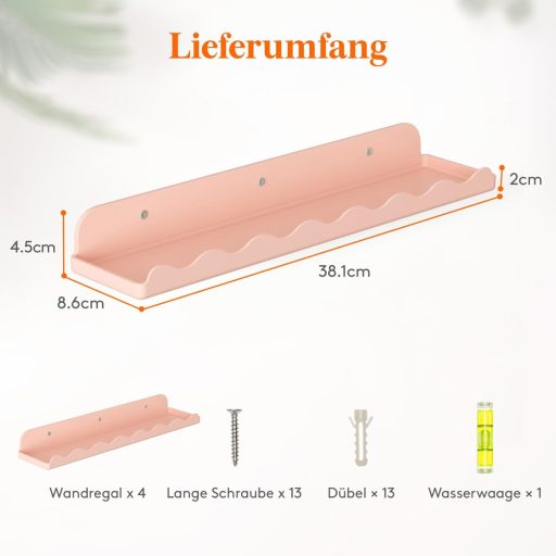 Lifewit Gyerek Fali Könyvespolc Szett, 4 db Rózsaszín Hullám Alakú Függő Polc (38 cm), Gyerekszobába Könyvekhez, Játékokhoz, Plüssökhöz