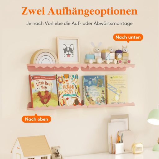 Lifewit Gyerek Fali Könyvespolc Szett, 4 db Rózsaszín Hullám Alakú Függő Polc (38 cm), Gyerekszobába Könyvekhez, Játékokhoz, Plüssökhöz