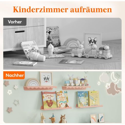 Lifewit Gyerek Fali Könyvespolc Szett, 4 db Rózsaszín Hullám Alakú Függő Polc (38 cm), Gyerekszobába Könyvekhez, Játékokhoz, Plüssökhöz