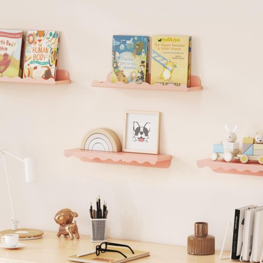 Lifewit Gyerek Fali Könyvespolc Szett, 4 db Rózsaszín Hullám Alakú Függő Polc (38 cm), Gyerekszobába Könyvekhez, Játékokhoz, Plüssökhöz