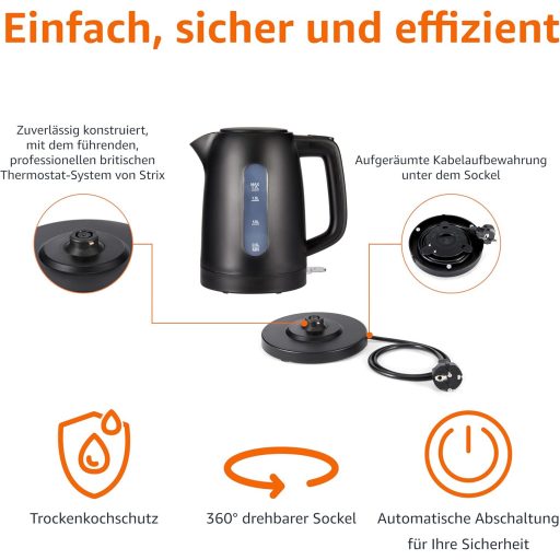 Amazon Basics 1,7 literes vízforraló 2200W, BPA-mentes, 360° forgatható talp, automata kikapcsolás