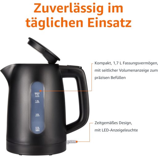 Amazon Basics 1,7 literes vízforraló 2200W, BPA-mentes, 360° forgatható talp, automata kikapcsolás