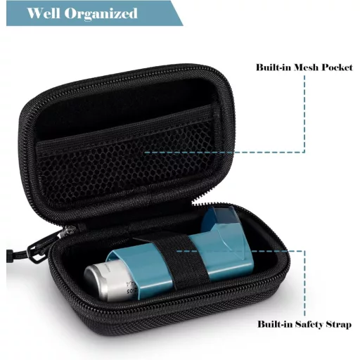 Prenosné puzdro na astmatický inhalátor MEDMAX, čierny ochranný obal s karabínou