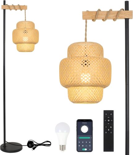 Lampă de podea din bambus cu telecomandă - Lampă curbată din lemn, cu intensitate reglabilă și control prin aplicație, cu abajur din ratan, pentru decorarea livingului, dormitorului, biroului.