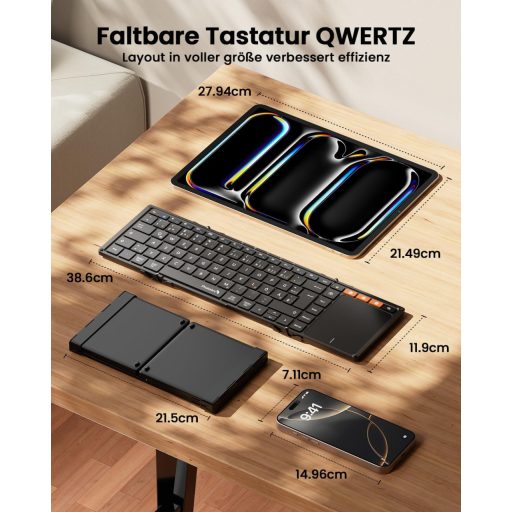 ProtoArc XK01 TP Összehajtható Bluetooth Billentyűzet Érintőpaddal - QWERTZ Német Kiosztás, iPad/iOS/Android/Windows Kompatibilis, Fekete
