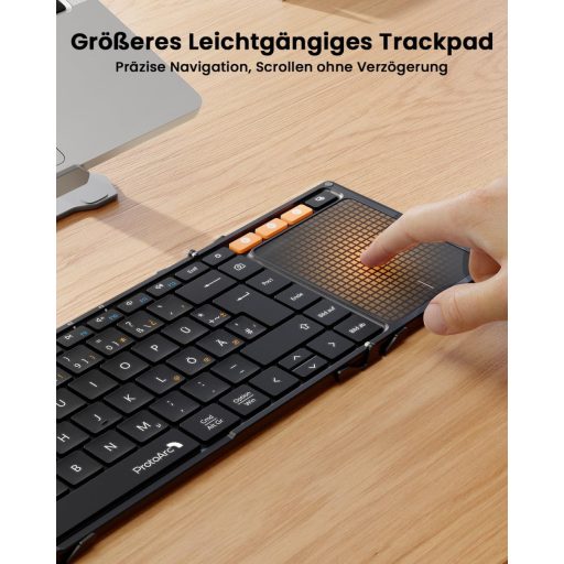 ProtoArc XK01 TP Összehajtható Bluetooth Billentyűzet Érintőpaddal - QWERTZ Német Kiosztás, iPad/iOS/Android/Windows Kompatibilis, Fekete