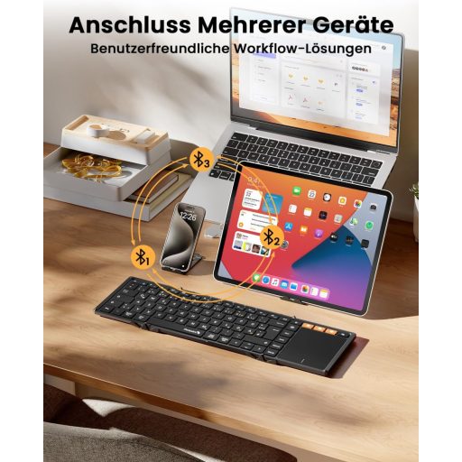 ProtoArc XK01 TP Összehajtható Bluetooth Billentyűzet Érintőpaddal - QWERTZ Német Kiosztás, iPad/iOS/Android/Windows Kompatibilis, Fekete