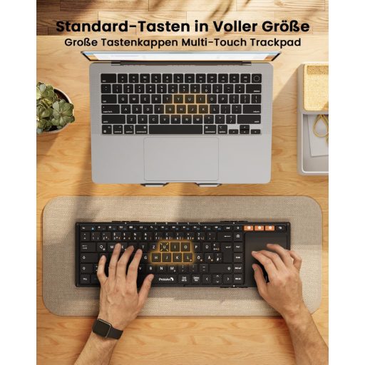 ProtoArc XK01 TP Összehajtható Bluetooth Billentyűzet Érintőpaddal - QWERTZ Német Kiosztás, iPad/iOS/Android/Windows Kompatibilis, Fekete