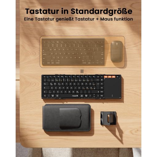 ProtoArc XK01 TP Összehajtható Bluetooth Billentyűzet Érintőpaddal - QWERTZ Német Kiosztás, iPad/iOS/Android/Windows Kompatibilis, Fekete