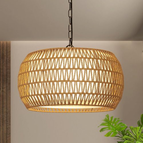 Lustră suspendată din ratan Rayofly - Candelabru boho de mari dimensiuni cu 5 becuri pentru masă, cu abajur vintage din ratan