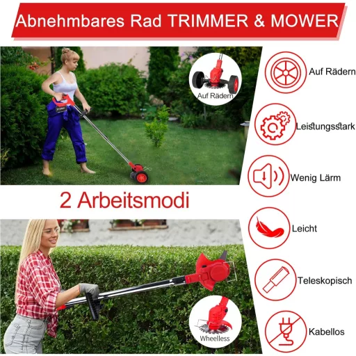 Motocoasă cu acumulator Xbzzgmg, 2 Acumulatori, 4 Tipuri de Lame - Trimmer Ajustabil, Telescopic, cu Zgomot Redus pentru Grădini, Curți