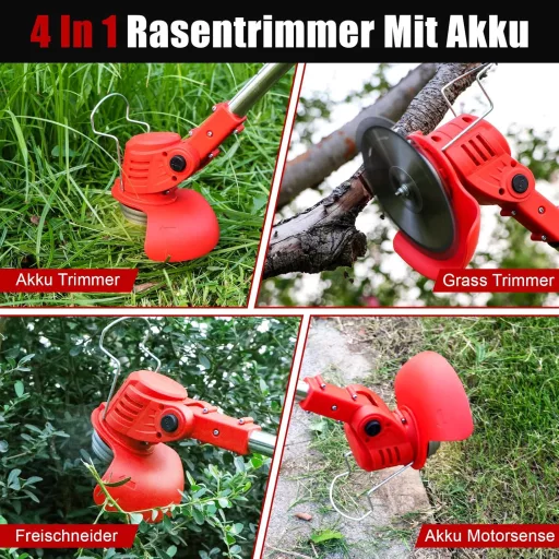 Motocoasă cu acumulator Xbzzgmg, 2 Acumulatori, 4 Tipuri de Lame - Trimmer Ajustabil, Telescopic, cu Zgomot Redus pentru Grădini, Curți