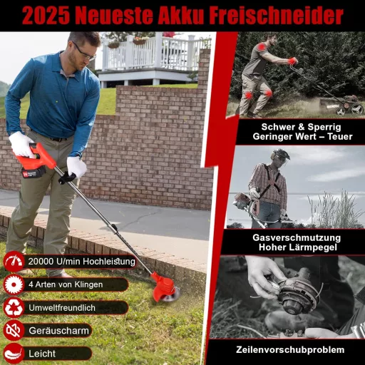 Motocoasă cu acumulator Xbzzgmg, 2 Acumulatori, 4 Tipuri de Lame - Trimmer Ajustabil, Telescopic, cu Zgomot Redus pentru Grădini, Curți