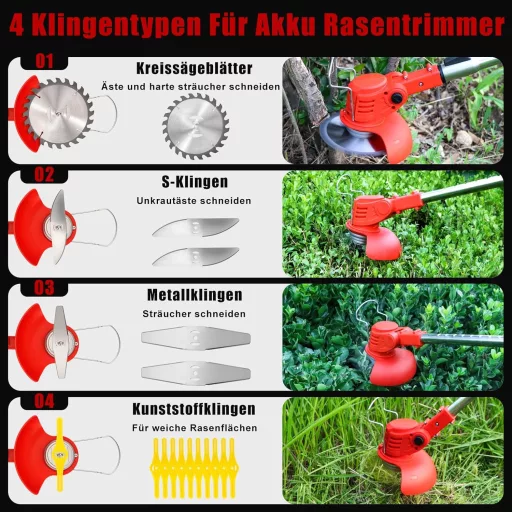 Xbzzgmg Akkumulátoros Fűkasza 2 Akkumulátorral, 4 Penge Típussal - Állítható, Teleszkópos, Alacsony Zajszintű Szegélynyíró Kertekhez, Udvaro