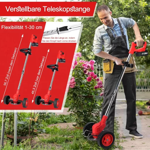 Motocoasă cu acumulator Xbzzgmg, 2 Acumulatori, 4 Tipuri de Lame - Trimmer Ajustabil, Telescopic, cu Zgomot Redus pentru Grădini, Curți