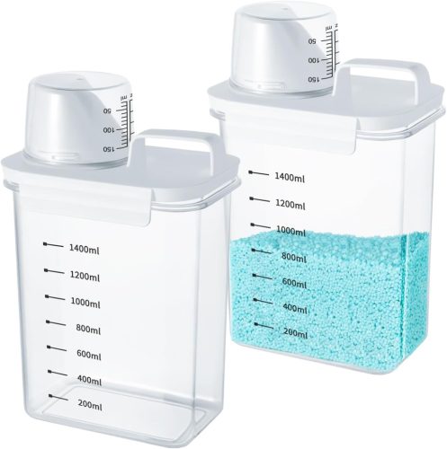 Mucek 2 buc. 1800 ml Dozator detergent etanș cu pahar de măsurare - Cutie de depozitare detergent pudră, Design rotund, Recipient de depozitare rezistent la praf