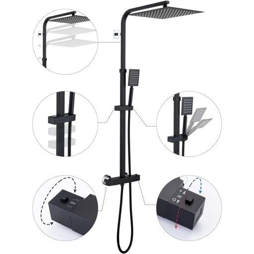 Auralum Termosztátos Zuhanyszett Rozsdamentes Acél Esőzuhanyfejjel Fekete